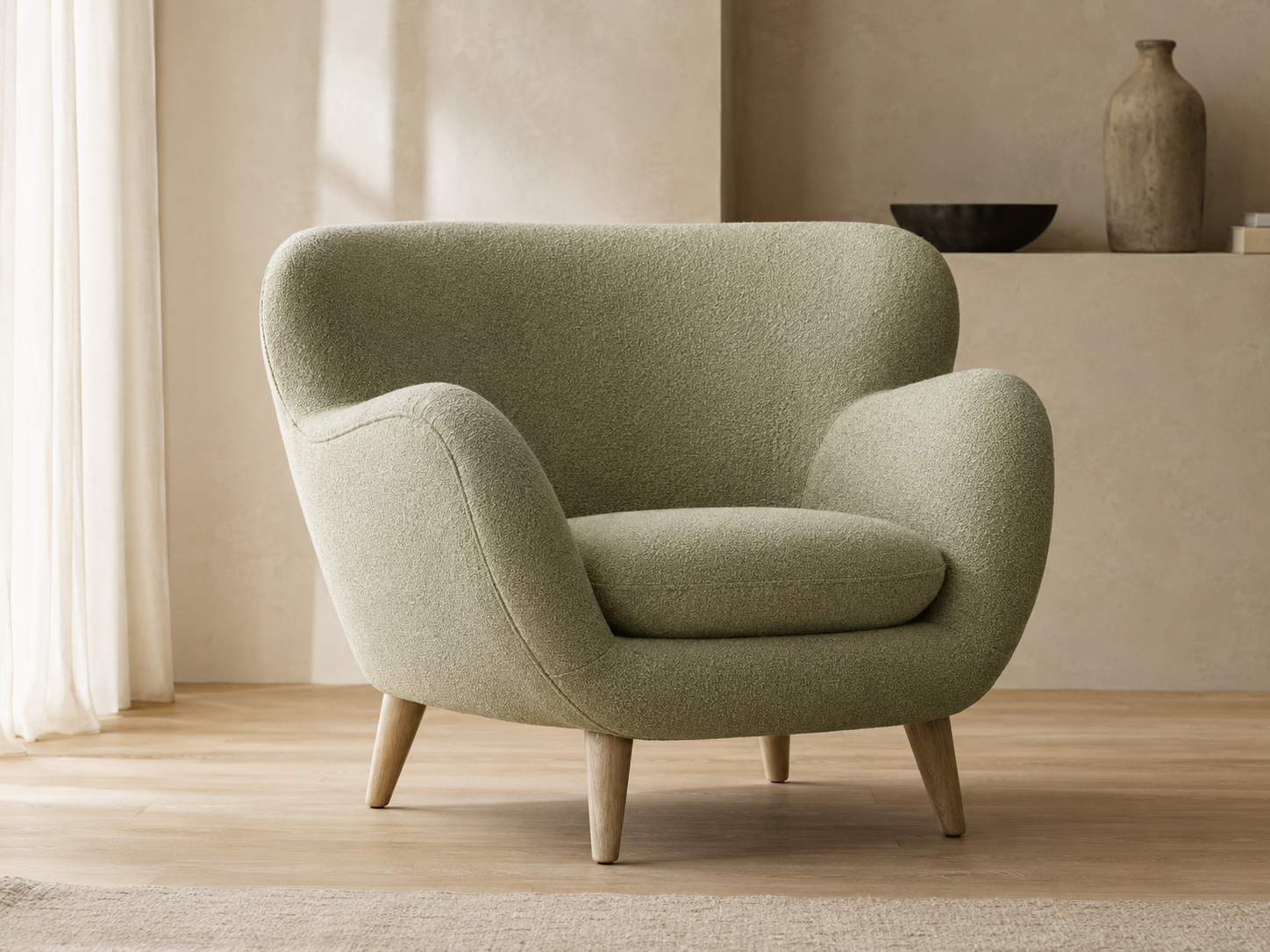 Modern sage lounge chair in a warm interior